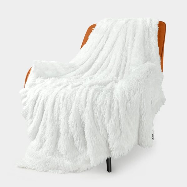 Extra Soft Fuzzy Faux Fur Throw Blanket 50"x60", Reversible Lightweight Fluffy Cozy Plush Comfy Microfiber Fleece Decorative Shaggy Blanket for Couch Sofa Bed, Pure White