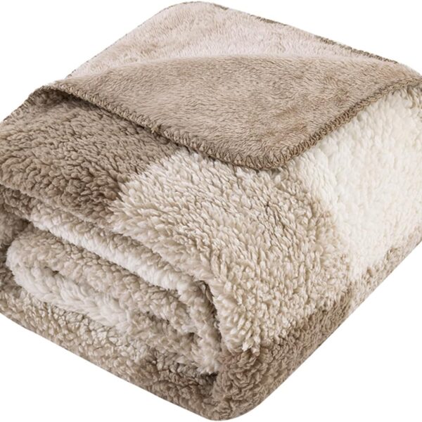 Checkered  Fleece Throw Blanket - Extra Thick and Warm Winter Soft Fuzzy Plush Blanket for Couches, Beds & Pets, Khaki, 50x60 Inches