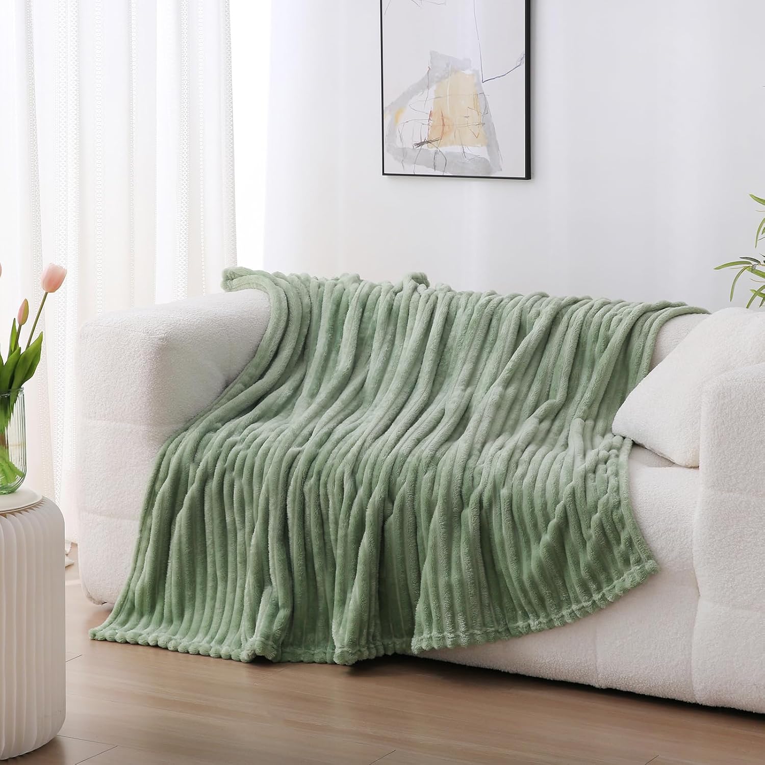 Sage Green Fleece Throw Blanket 50”×60” for Couch Sofa Bed,Super Soft Cozy Plush Microfiber Flannel Blanket with Stripes Design Lightweight for Adults,Woman,Girls - Image 2