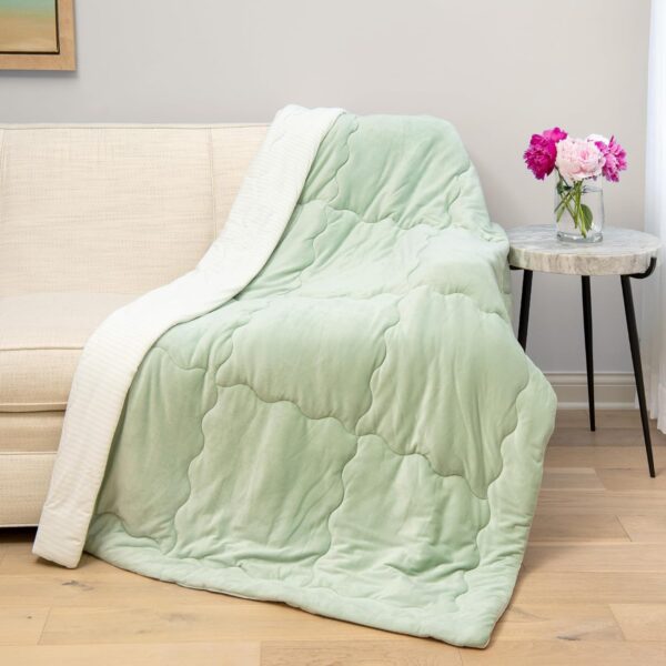 NORTHWEST HGTV Double-Sided Comfort Cooling Throw Blanket — A lightweight summer blanket featuring a dual-sided design: one side utilizes a cool-to-the-touch knit fabric, while the other features a warm and cozy plush material; suitable for use on beds, sofas, or while traveling. Dimensions: 50 x 70 inches (Green).