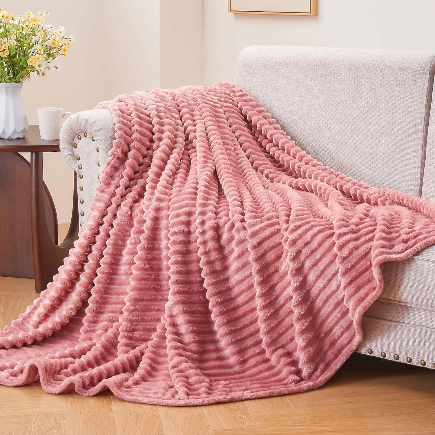 Fleece Throw Blanket for Couch – 3D Ribbed Jacquard Soft and Warm Decorative Fuzzy Blanket – Cozy, Fluffy, Plush Lightweight Pink Throw Blankets for Bed, Sofa, 50x60 inches - Image 2