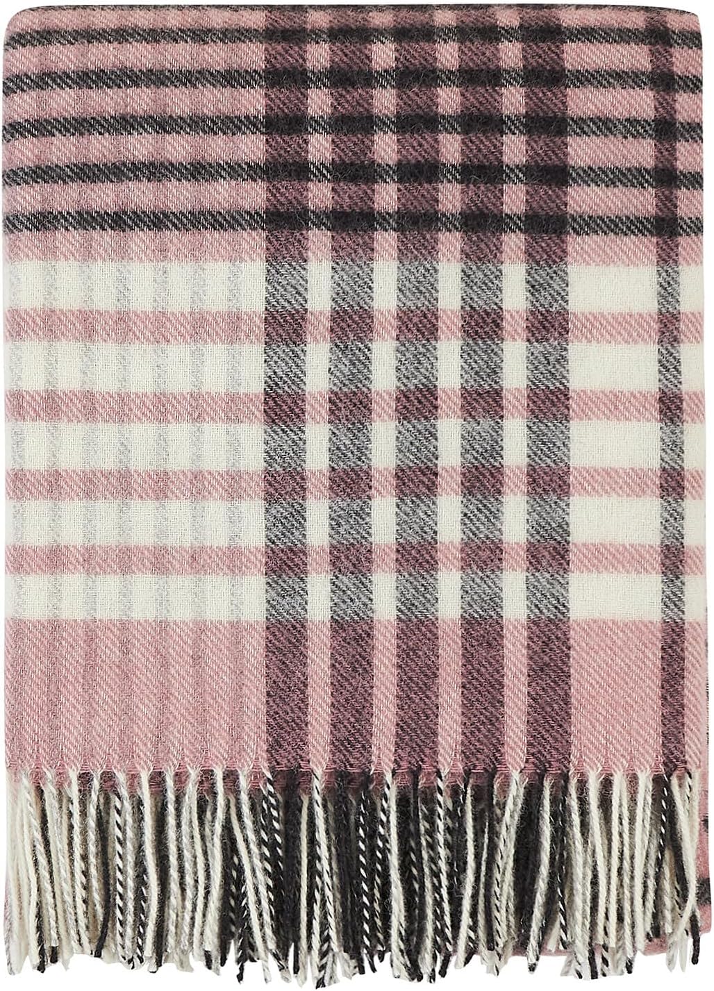 | Wool Blanket/Throw | 100% New Zealand Wool | Perfect for Home and Outdoors | Virgin Wool Blanket with Fringes 55"x79"(140 x 200 cm) (Pink/White/Black)