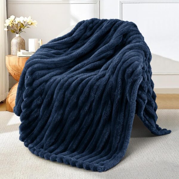 Fleece Throw Blanket for Couch, Super Soft Striped Jacquard Bed Blanket, Lightweight Fuzzy Cozy for All Seasons, 50x60 Inches, Navy Blue
