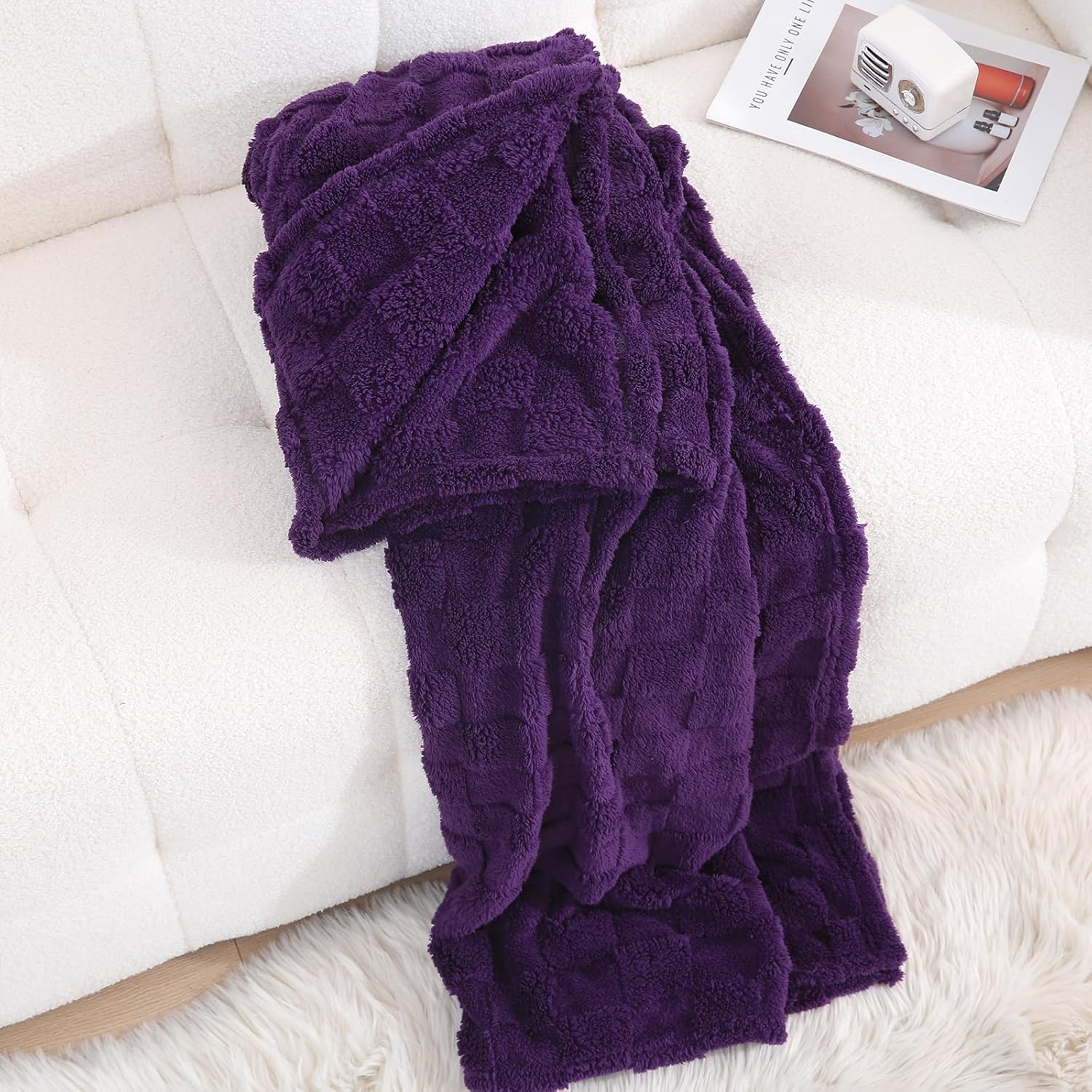 Deep Purple Fleece Throw Blanket 50”×60” for Couch Sofa Bed,Super Soft Cozy Plush Microfiber Flannel Blanket with 3D Checkered Design Lightweight for Adults,Woman,Girls - Image 2