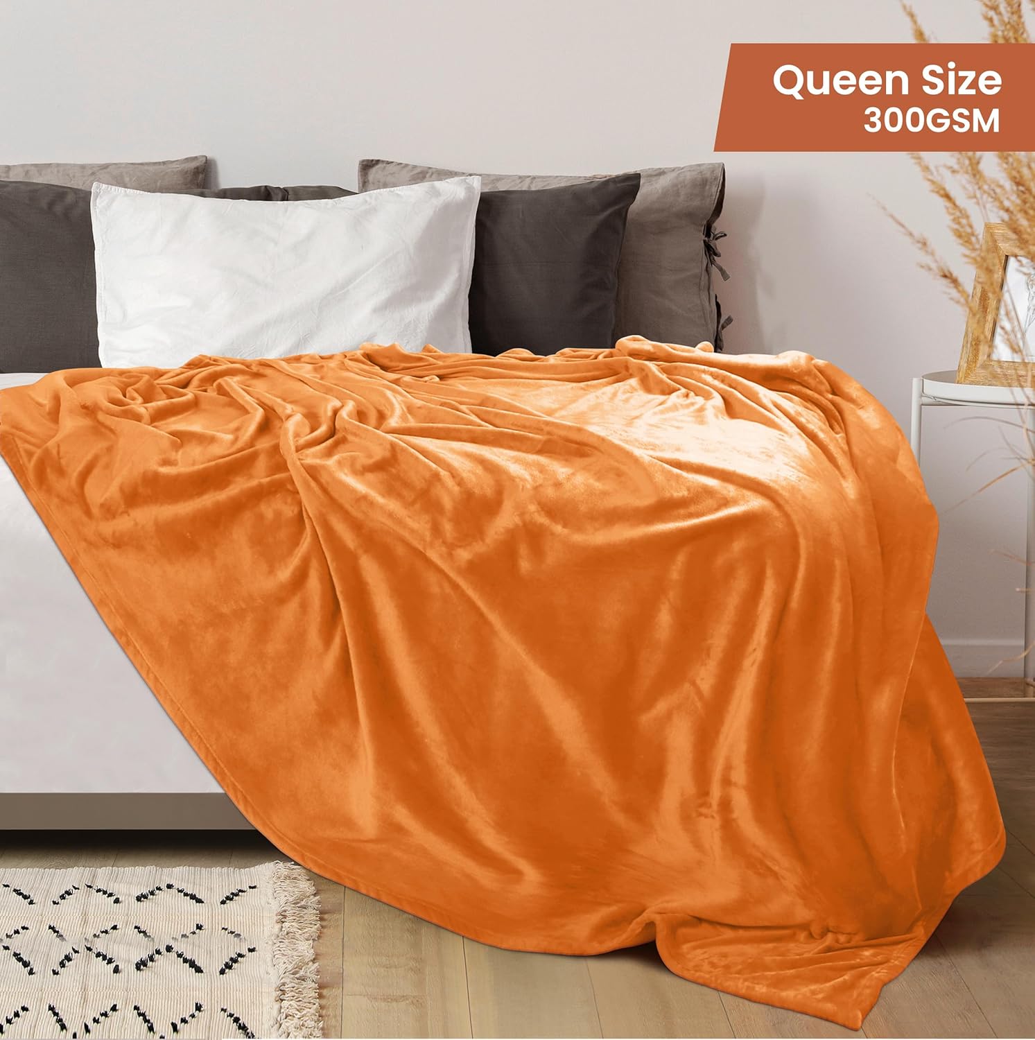 Fleece Blanket Queen Size Burnt Orange 300GSM Luxury Fuzzy Soft Anti-Static Microfiber Bed Blanket (90x90 Inch) - Image 2