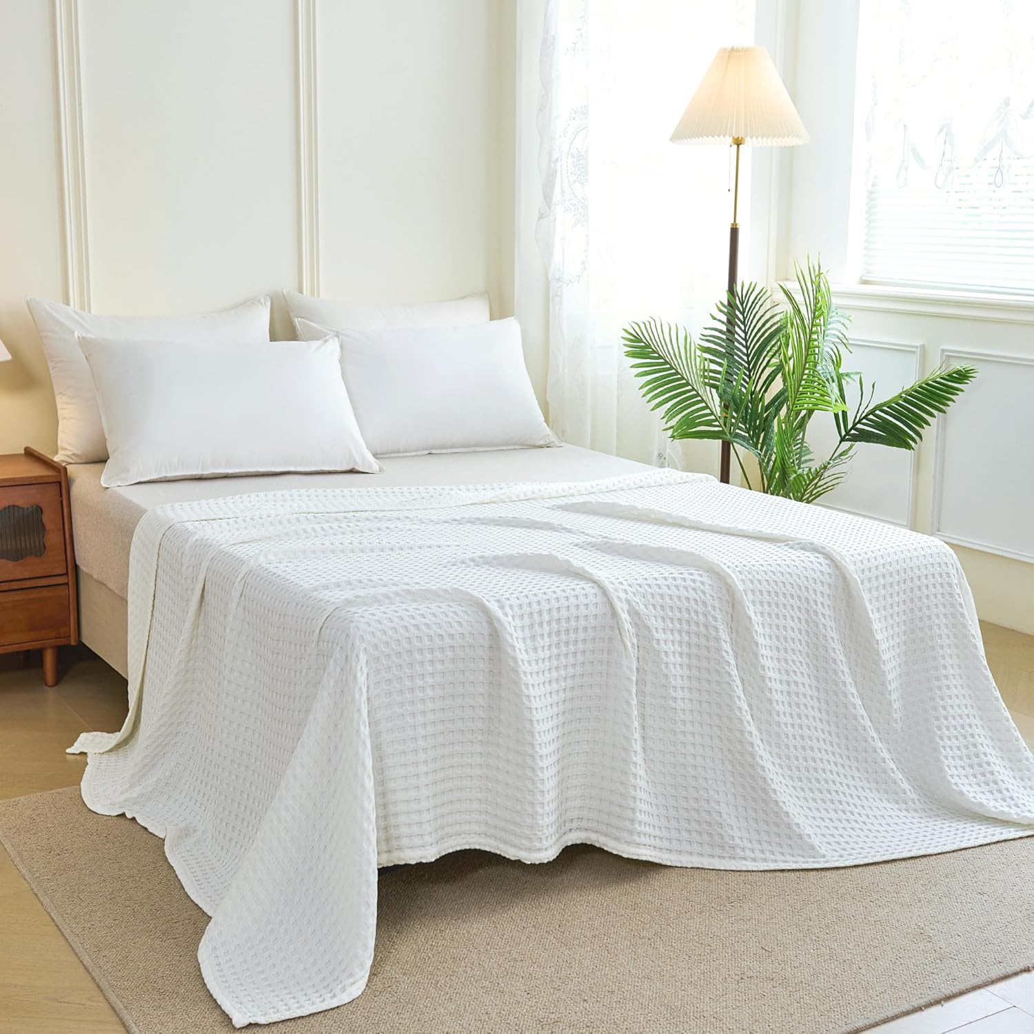 Cooling Blanket — Designed for Hot Sleepers | Lightweight Cotton-Blend Summer Throw (Infused with Bamboo Viscose) | Waffle-Weave Texture for a Luxurious Feel; Suitable for Beds and Sofas (White, 90" x 90")