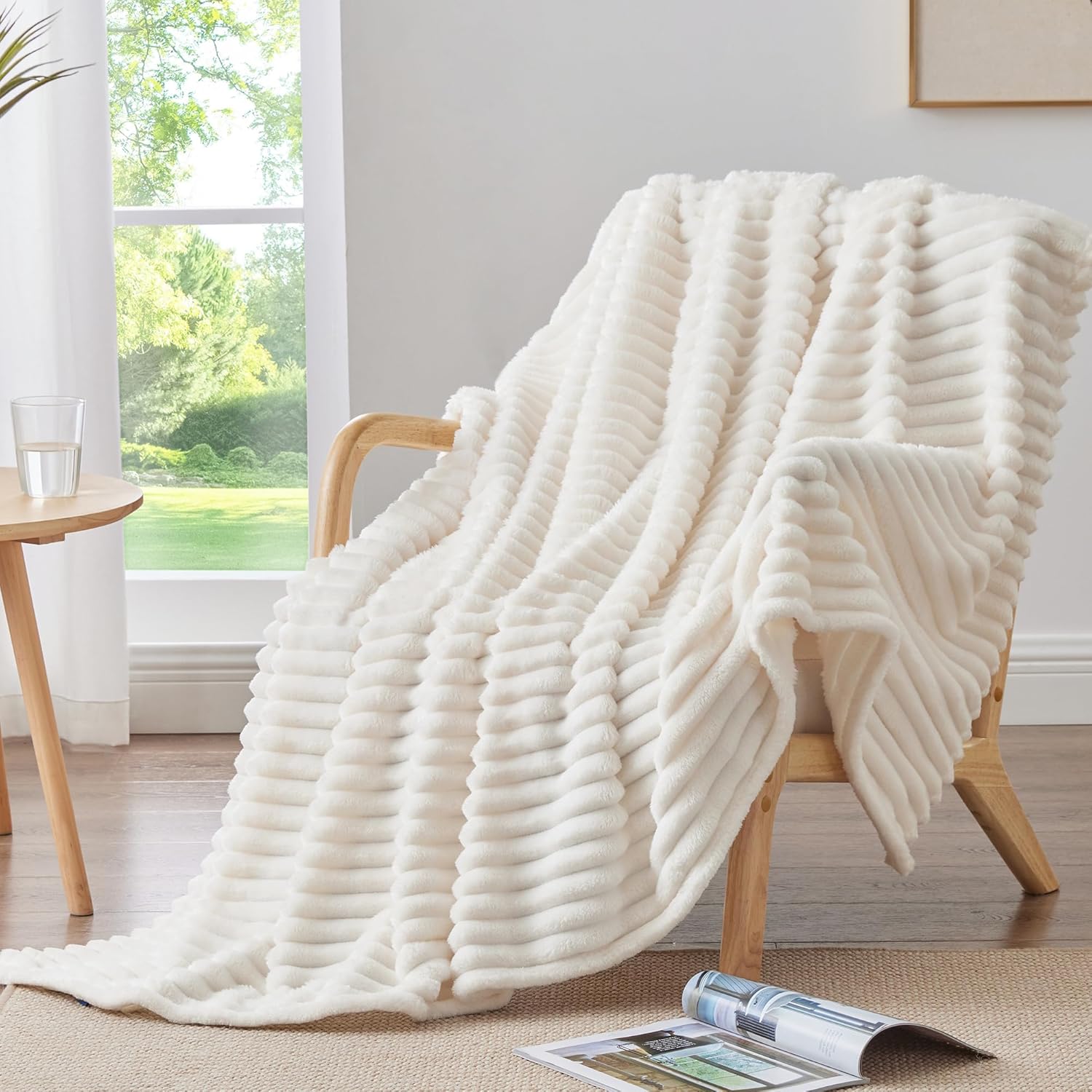 Fleece Throw Blanket for Couch - 300GSM Soft & Warm Fluffy Cream White Blanket, Decorative and Giftable Striped Blankets for Women, Men, 50"x60" - Image 2