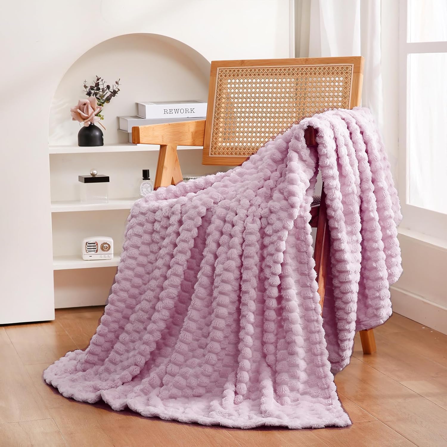 Light Purple Throw Blanket 50"×60" inches Fuzzy 3D Jacquard Decorative Flannel Fleece Super Soft Plush Cozy Blanket for Couch Sofa Chair Lightweight