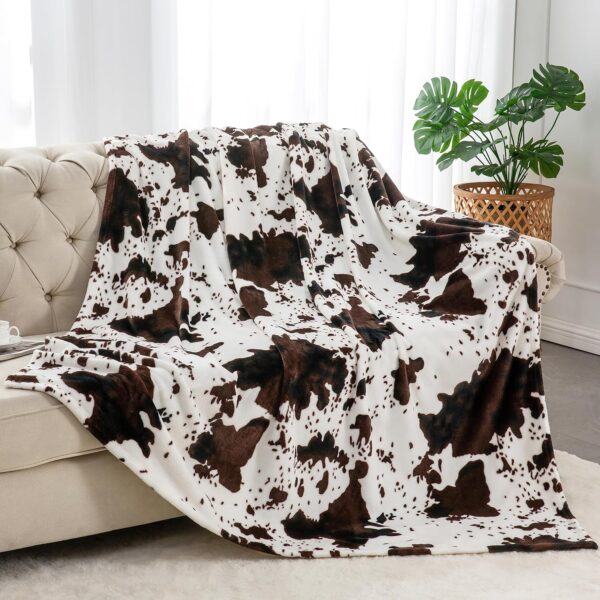 Cow Print Throw Blanket for Couch & Bed, 300GSM Cute Luxury Plush Cozy Fuzzy Blanket 50" x 60", Super Soft Warm Lightweight Throw Blanket for Travel Camping, Brown