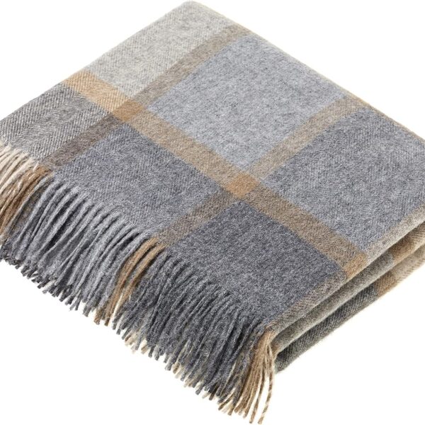 Wool Plaid Throw Blanket, Merino Lambswool, Block Windowpane Beige Grey, Made in UK