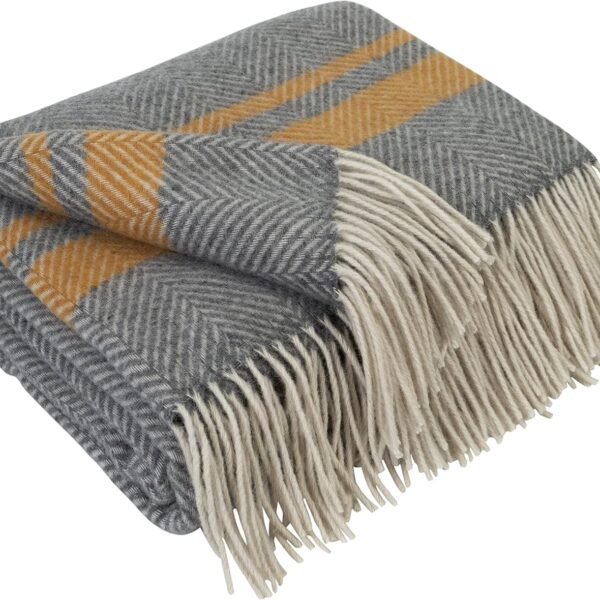 Merino Wool Blanket - Warm Throw for Cold Weather, Warmest Travel Outdoor Camping Blankets, Picnic Army and Military Throws, Comforter Soft & Cozy (55 x 79 Grey with Mustard and White Stripes)