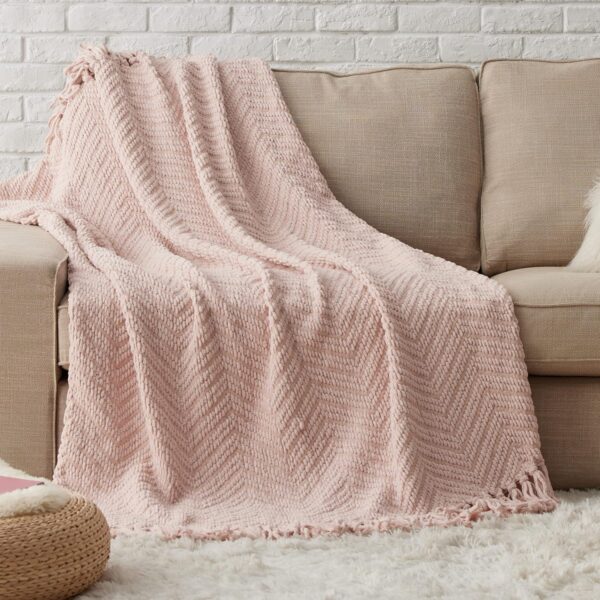 Throw Blankets for Couch - Textured Knit Woven Chenille Blanket - Super Soft, Warm Decorative Boho Throw with Tasls for Bed, Sofa and Living Room, Pink, 50x60 Inches